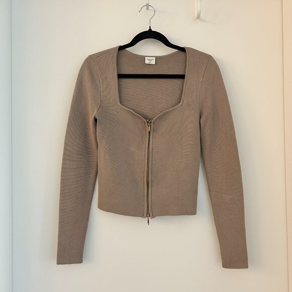 Abercrombie & Fitch Notch Neck Zip Up Slim Ribbed Stretchy Top Tan Beige Size M - Picture 3 of 8